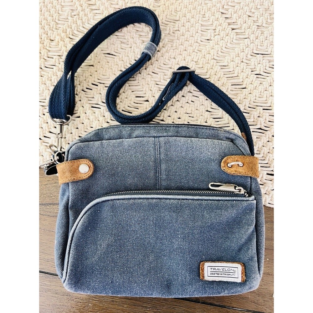 Travelon Anti Theft Heritage Small Crossbody Bag Indigo Blue Denim Canvas RFID
